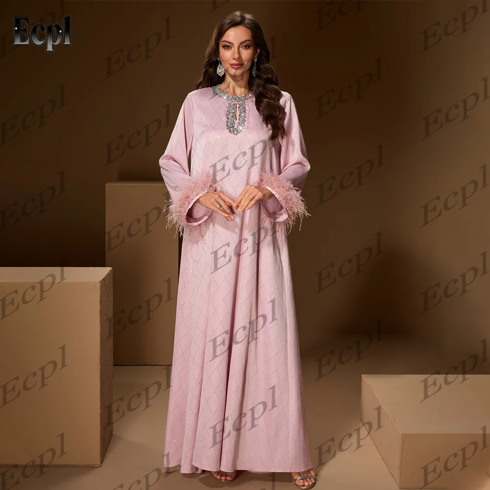 

Elegant Dubai Crystal O-Neck Prom Dress Long Sleeves With Feather Formal A-Line Pink Evening Party Gowns 2026 فساتين سه