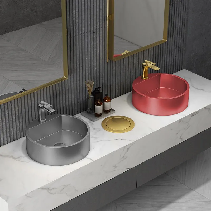 Gold stainless steel countertop basin, wash basin, bathroom, round faucet hole, wash basin.