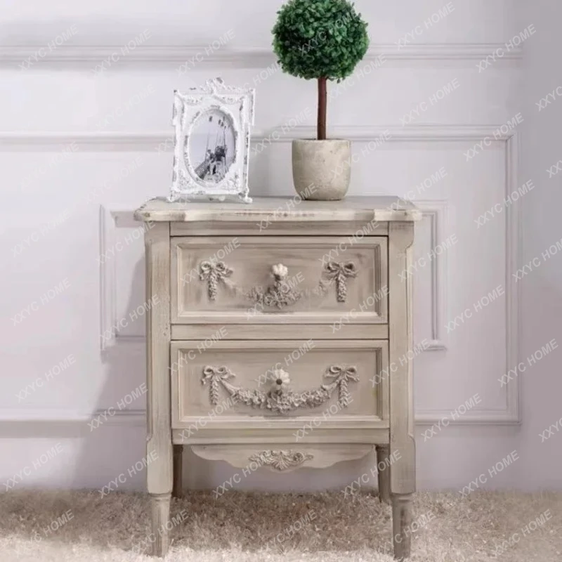 X-S  Country Retro Old Storage Bedside Cabinet Bedroom Solid Wood Carving Cabinet HG