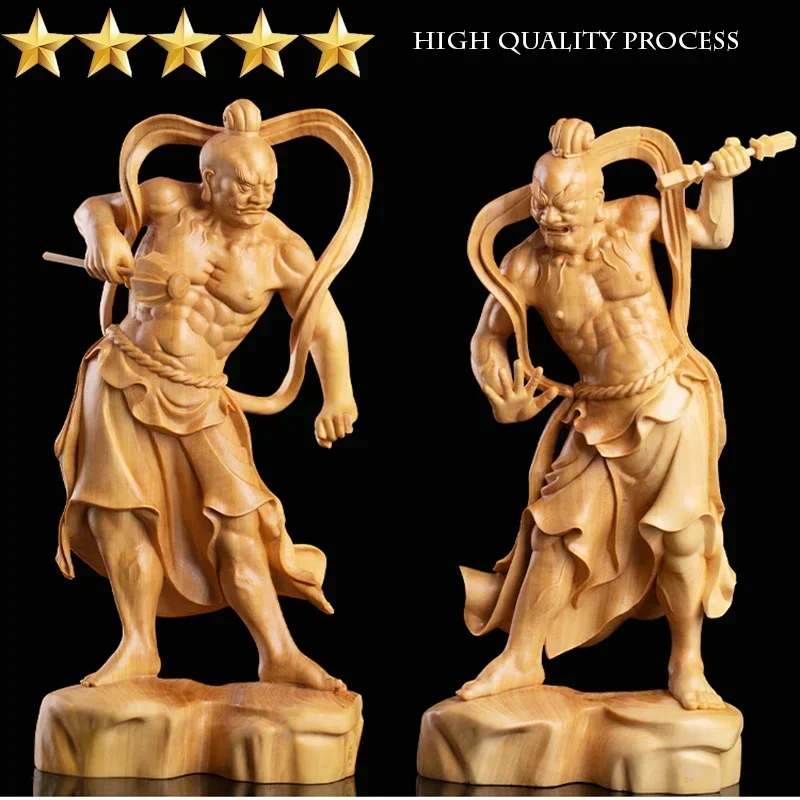 A Pair Wood Carving Chinese Door God Decorative Figures Statue TV Personality Hum Ha II Feng Shui Buddha Home Decoration 20cm