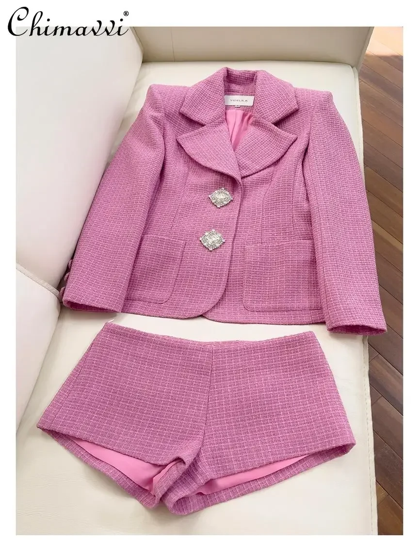 

2025 Spring New Pink Sweet Hot Girls Diamond Buckle Slim Wool Blazer Sexy Suspender Shorts Set Temperament Women's Party Outfits