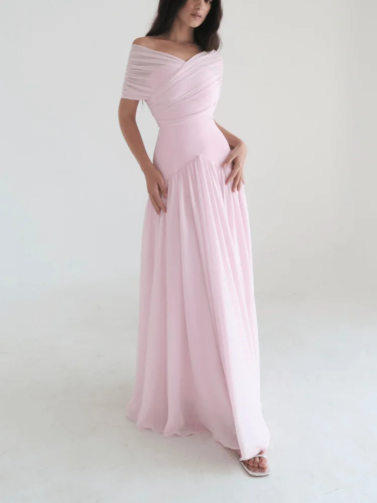 AW Pink Formal Evening Dress Off The Shoulder Pleat Chiffon A Line arty Dresses for Women Floor Length Prom Gowns Customized - view 4