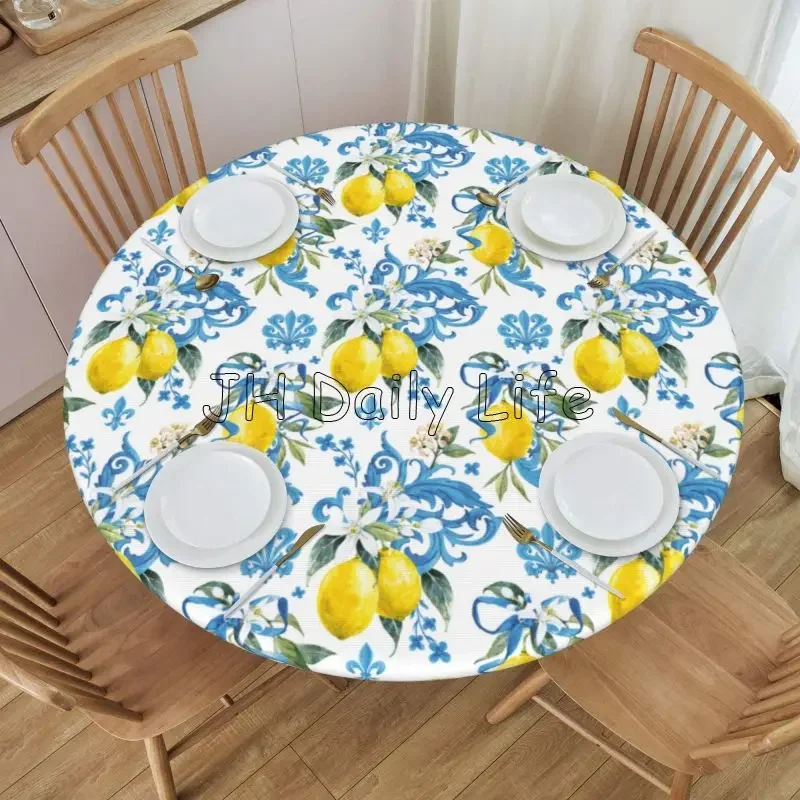 Fitted Round Tablecloth Sicilian White Flowers of Lemon Table Cover Waterproof Table Protector for Wedding Party Dining Room