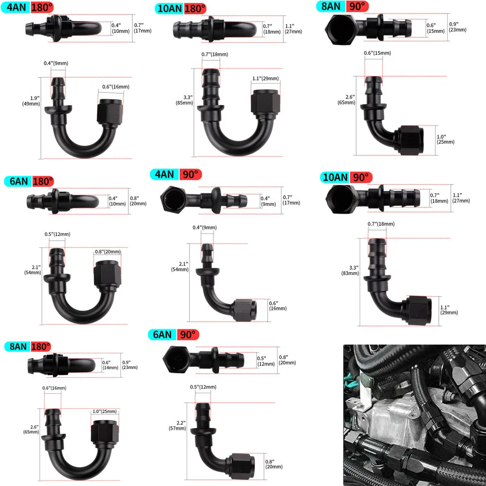 0/45/90/180 Degree AN4/AN6/AN8/AN10/AN12 Straight Female Swivel to Push Lock Barb Hose End Fitting Oil Fuel Hose End Adaptor Kit