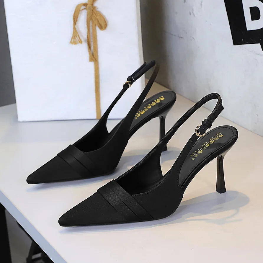 

7317-A3 Womens Party Shoes European American Style Banquet Pointed Head Satin High Heel Pumps Hollow Shallow Mouth Single Shoes