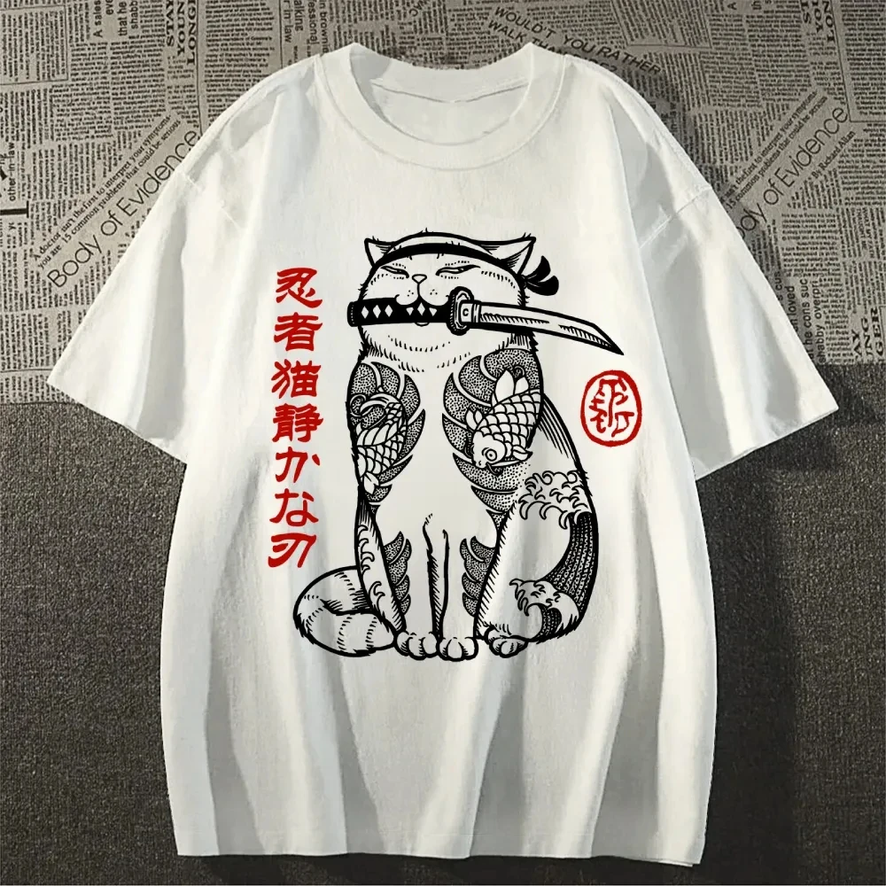 2026 Summer Fashion New Japanese Ninja Warrior Cat Round Neck Printed Outdoor Fitness Sports Loose Casual T-shirt Large