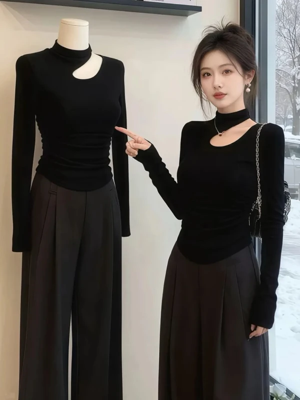 

plus Size Fce Lined Brued Hollow out Long Sve T-irt Women's Autumn Winter Slimming Base irt Cleanfit Sle f H...