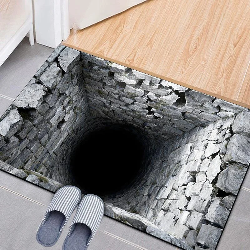 VIKAMA 3D Stone Well Orange Cat Hole Illusion Cute Pet Art Crystal Velvet Door Mat Non Slip Entryway Bedroom Living Room Home