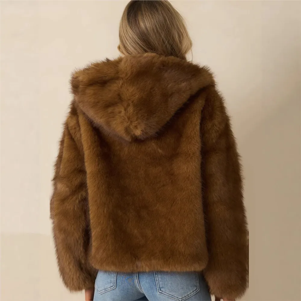 MsChuh Winter Women's Clothing Solid Color Fur Coats Hooded All-match Outerwears Loose Simple Style Fashion Comfortable Casual