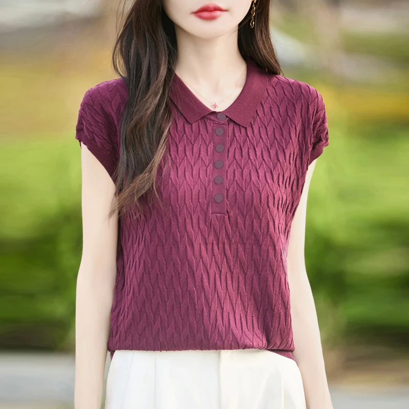 レディースポロカラー Tシャツ夏の新作リヨセルニット半袖カジュアル無地シャツレディースプルオーバールーズトップ