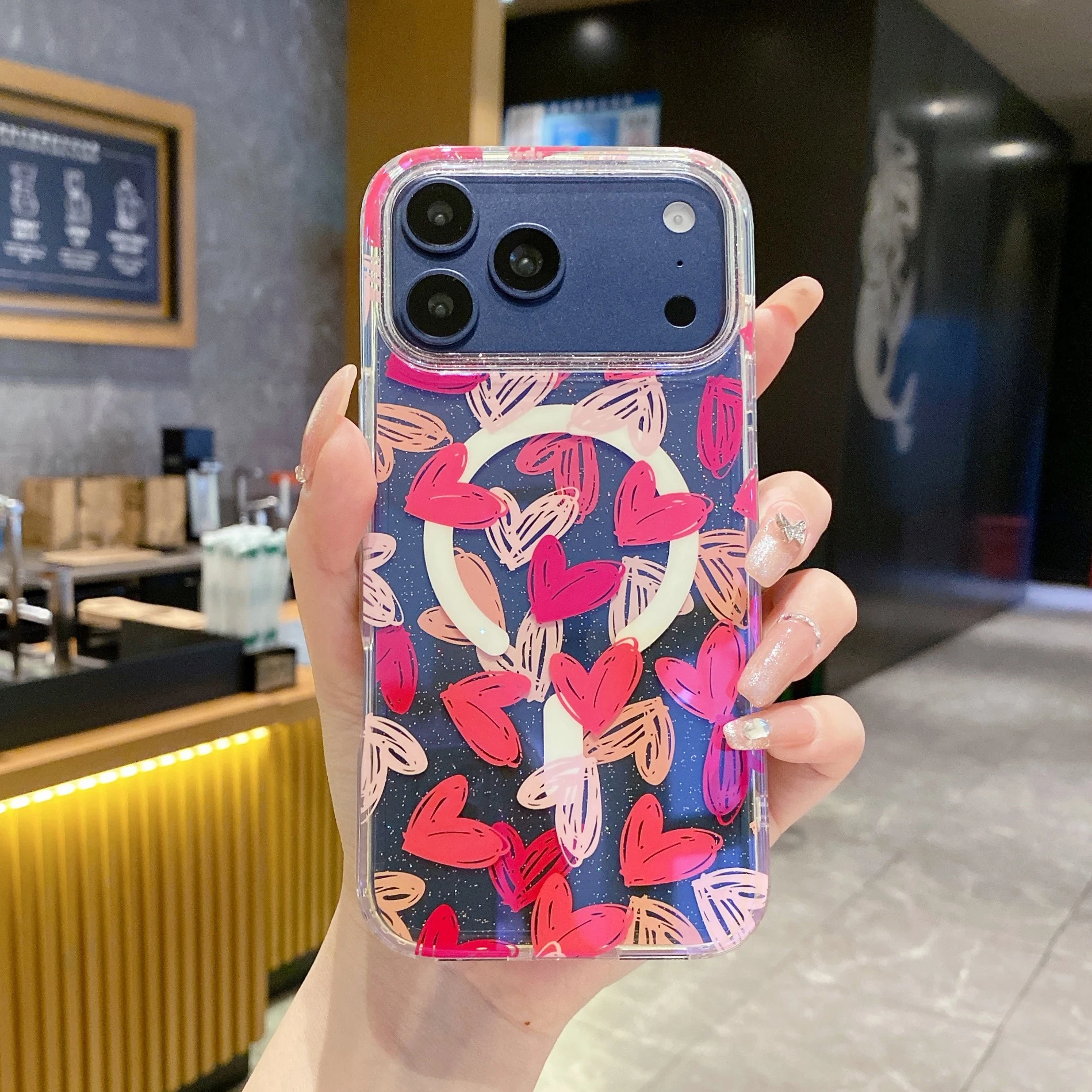 

2026 IMD Double Layer Floral Magnetic Phone Case For iPhone 17 Air 16 15 14 13Pro Max 14 15 16 Plus Heart Print Clear Cover.