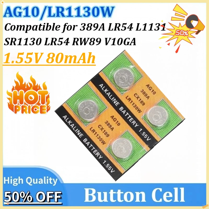 

10-200PCS 1.55V 80mAh AG10 LR1130W Battery 389A SR1130 LR54 L1131 High Capacity Button Cell Coin Battery for Calculators Watches