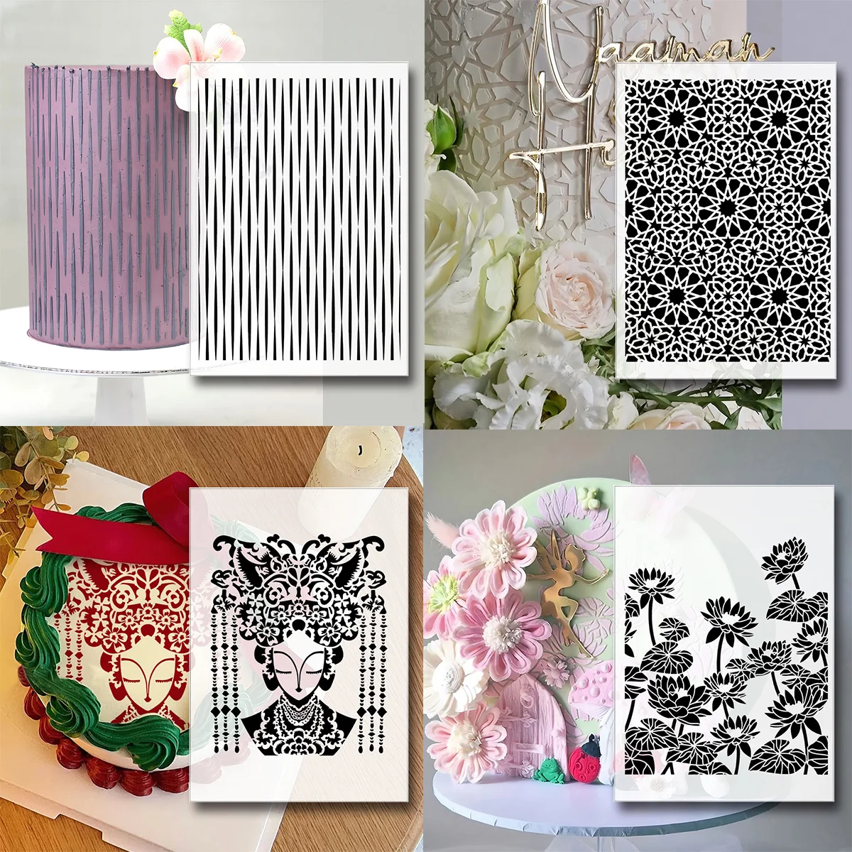 29×20cm Multi Pattern Cake Spray Stencil, Food Safe Reusable PET Template for Wedding Party Fondant Cake Decor