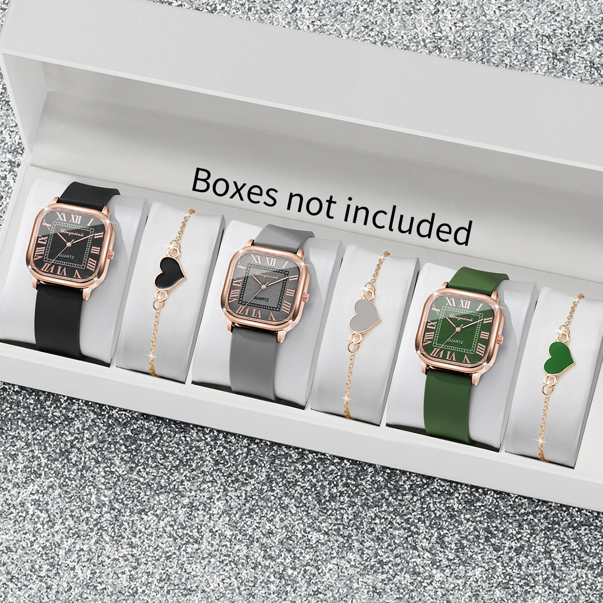 

6 шт. модных женских часов с квадратным циферблатом в римском стиле, набор браслетов с сердечками, повседневные кварцевые часы с силиконовым ремешком, Reloj Mujer (без коробки)