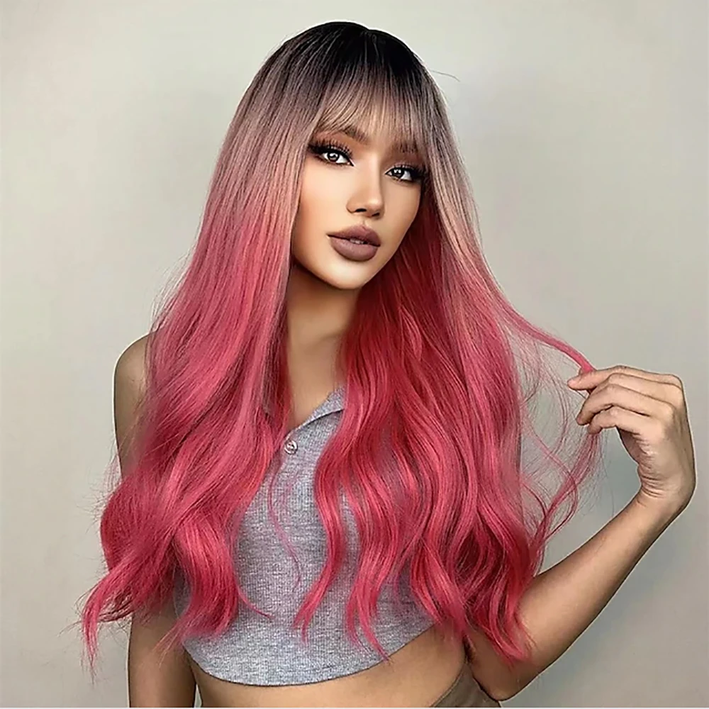 HAIRJOY Synthetic Hair  Wigs  Long Ombre Pink Red Wavy Wigs for Women Black Pink Curly Wigs with Bangs Dark Roots Cosplay Wig image 3