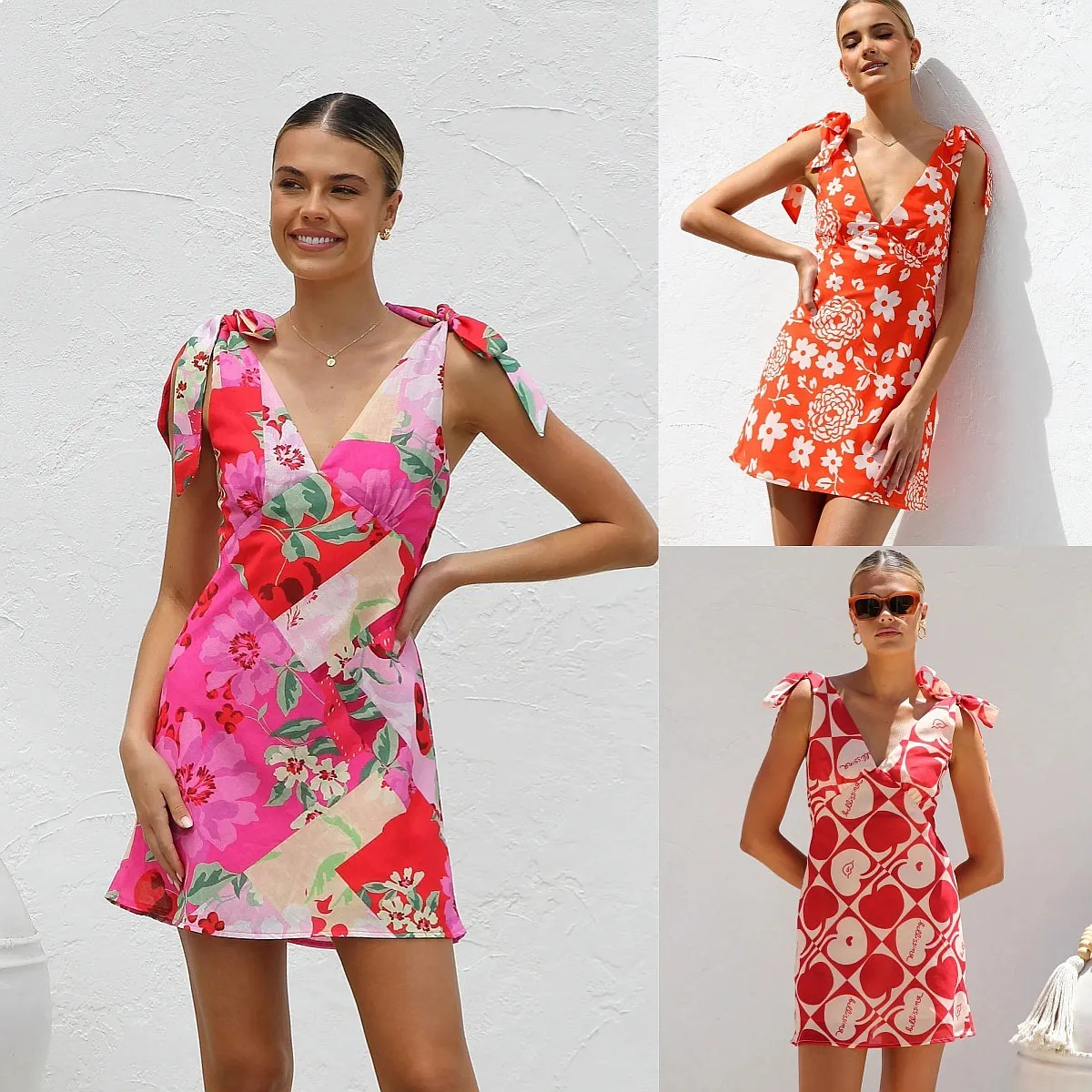 Summer Dress Dresses V Neck Tie Mini Printed Sleeveless Jumpsuit Playsuit Overall