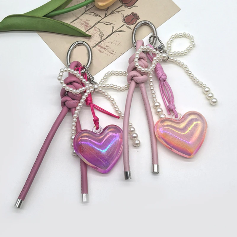 Creative Glossy Leather Pearl Bow Keyring Beads Long Tassel 3D Bowknot Keychain Bag Charms Y2k Bag Purse Decor School