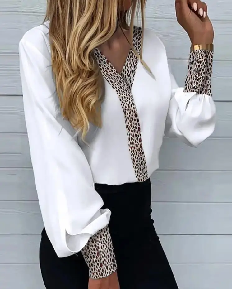 Leopard Patch Lantern Sleeve Button Front Top