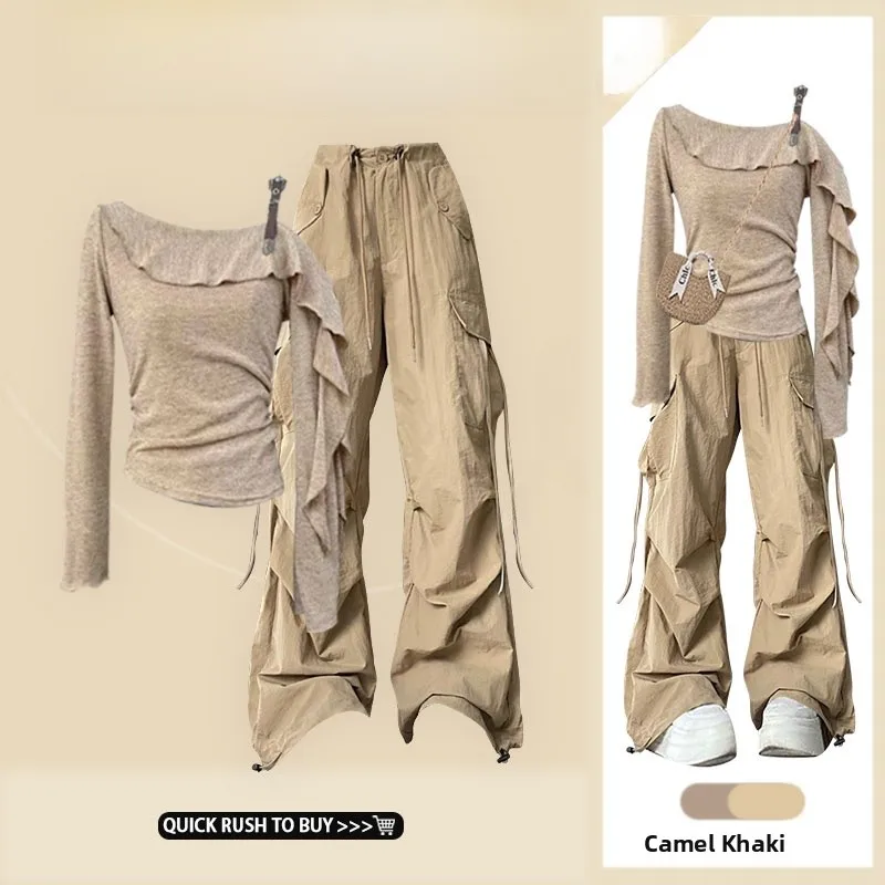 

Early Autumn Lazy Sle Loose Long Sve Top And Wide Leg Workwear Pants Two Piece Set High Street Casual Hot Girl Outfit