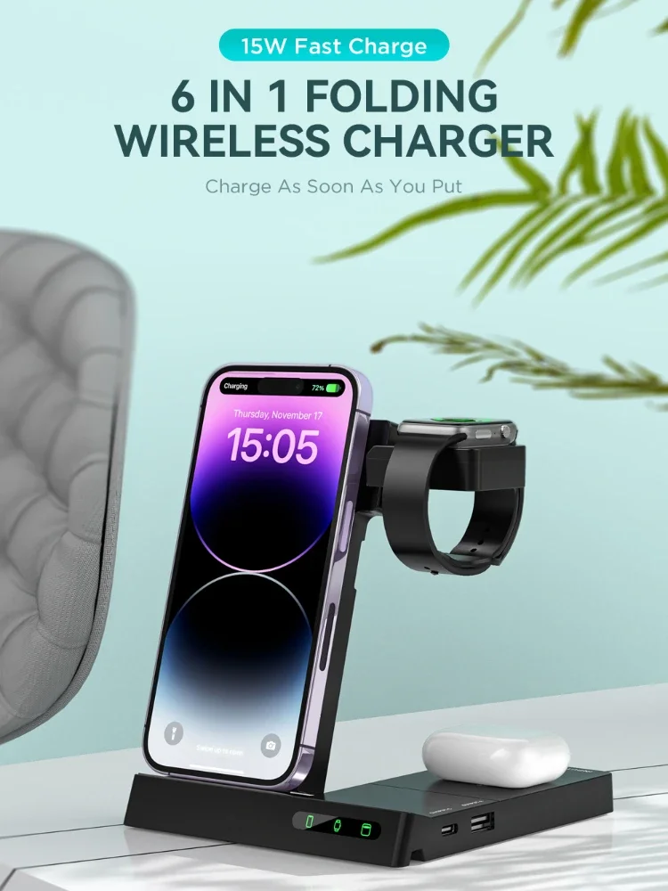 3 in 1 Folding Wireless Charger 15W Fast Charge Suitable Dual Charge Edition for iPhone 15 16 Samsung Airpods 2 3 iWatch Xiaomi