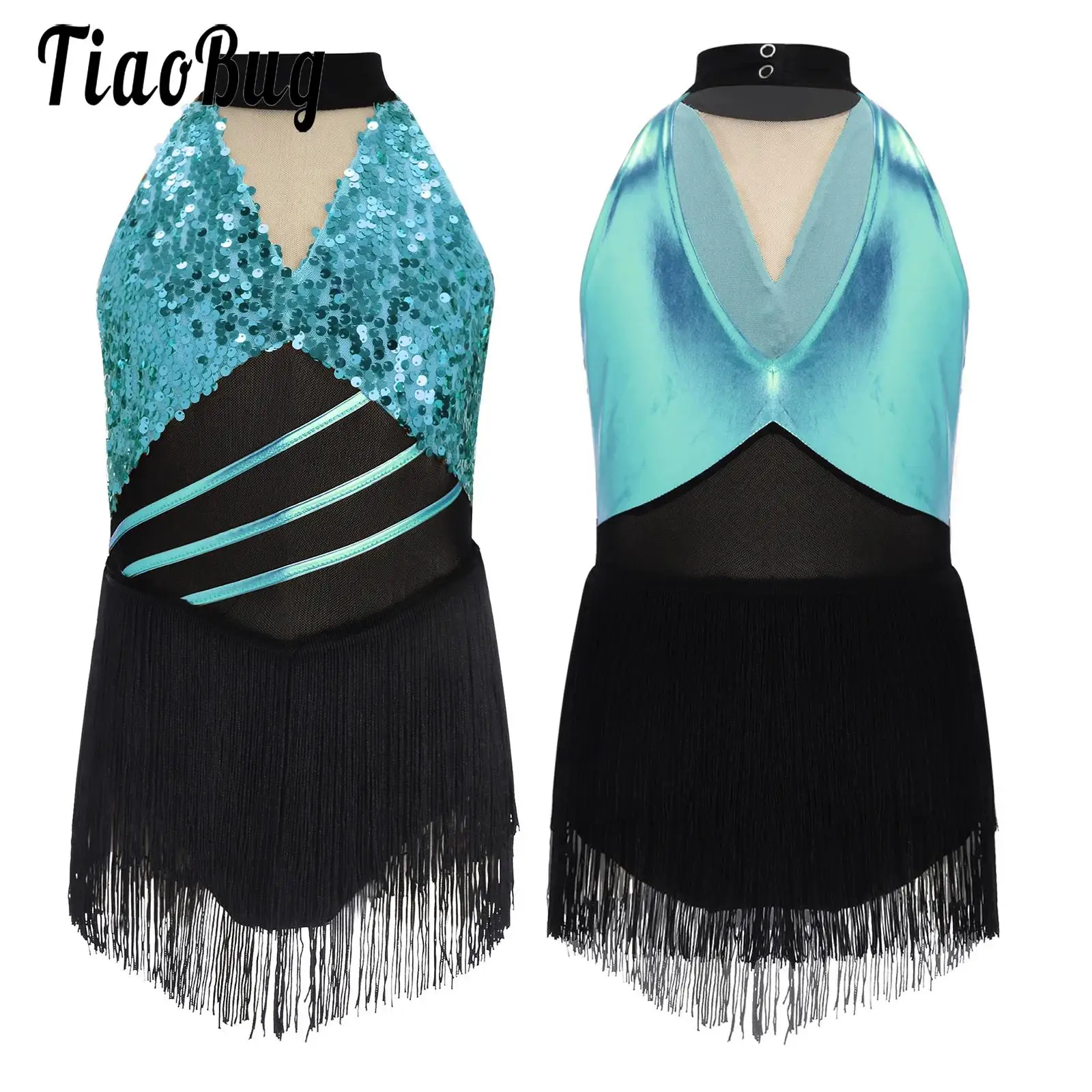 

Kids Girls Tango Latin Salsa Cha-cha Samba Dance Dress Performance Costumes Halter Sleeveless Tassels Fringed Skirted Leotards