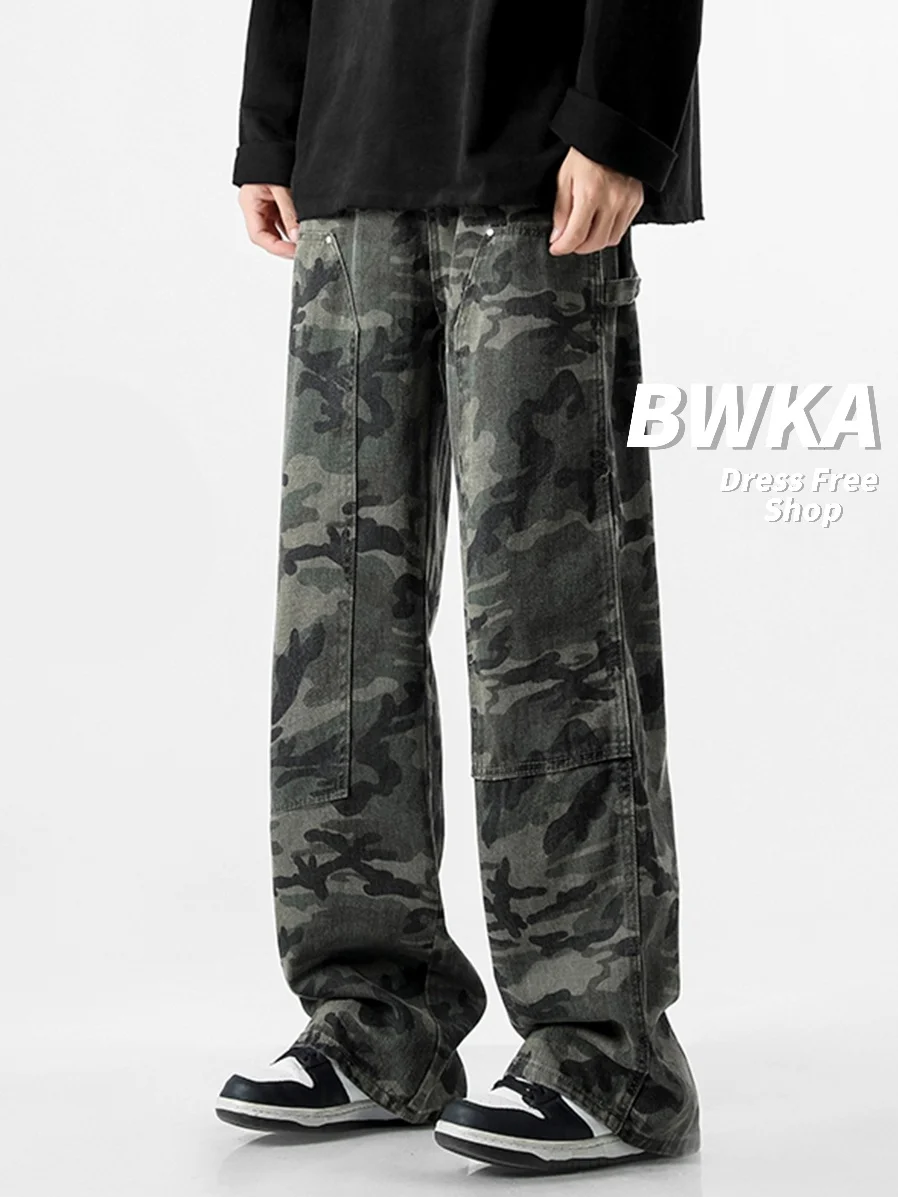 

American camouflage jeans women's spring and autumn loose straight overalls large wide leg camo pants ins high street fashion