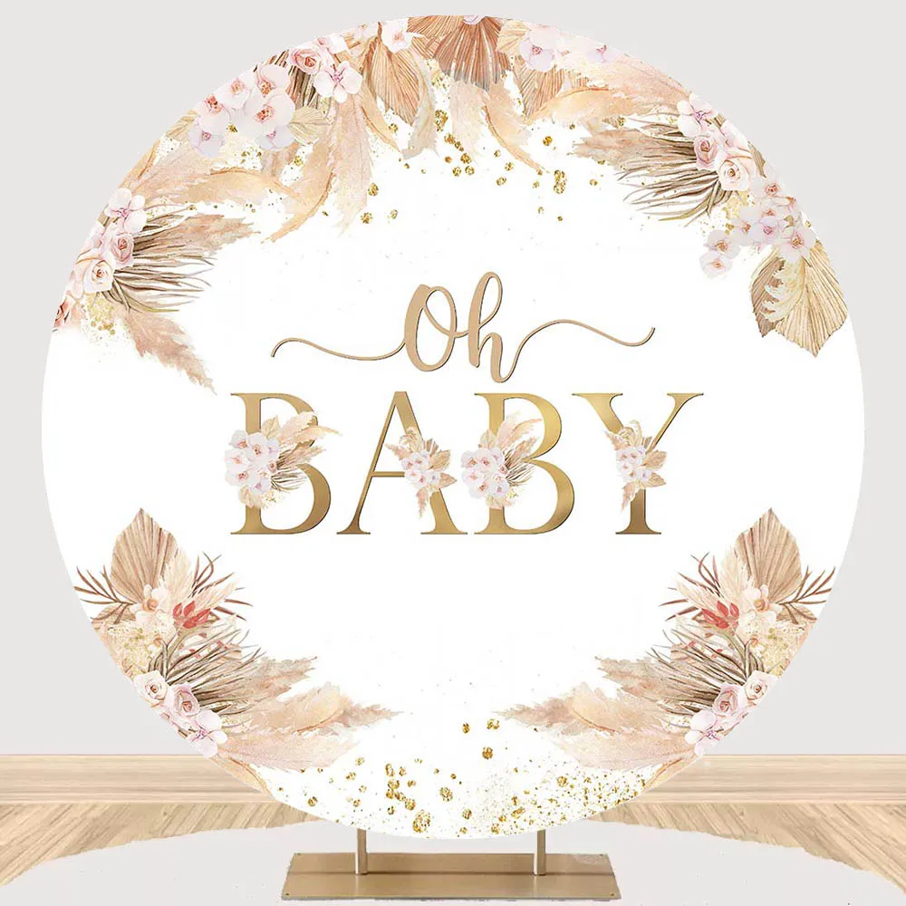 

Mocsicka Bohemian Baby Shower Round Backdrop Oh Baby Boho Flowers Pampas Grass Photo Background Studio Photography Props Elastic