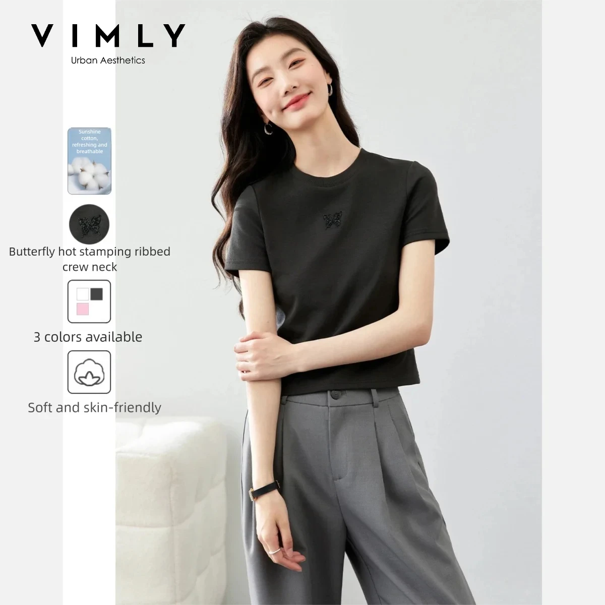VIMLY Women's Printed Short Sleeve T-shirt 2026 Summer Casual Round Neck Butterfly Hot Stamp Tees Cotton Female Tops M7367