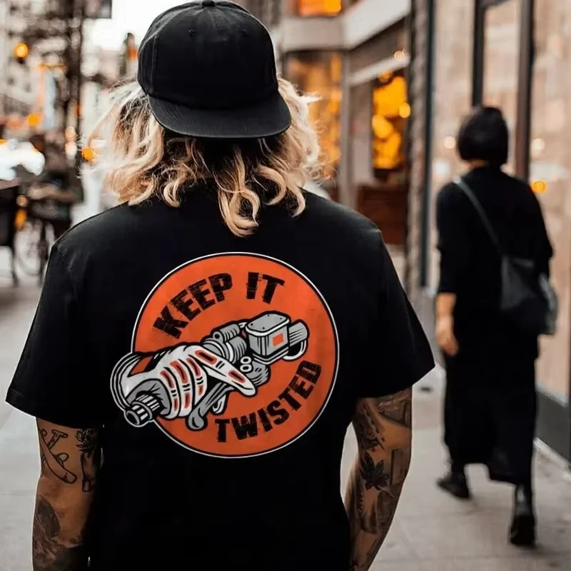 Men KEEP IT TWISTED Biker Tattoo Graphic Print O-Neck T-shirt Oversized Short Sleeve Top Motorcycle Punk Vintage Streetwear Tops