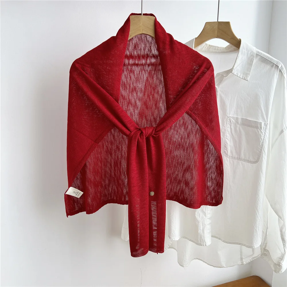 Summer Women Thin Knit Shoulder Cape Tie Knot Front Aircon Shawl Wrap Light Breathable Sun Protection Scarf Multi-purpose