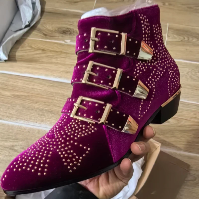 Genuine Leather Heel 4cm Catwalk Rivet Cow Leather Short Boots Autumn Winter Retro Large Ankle Boots Thick Heel Rock Women Shoes