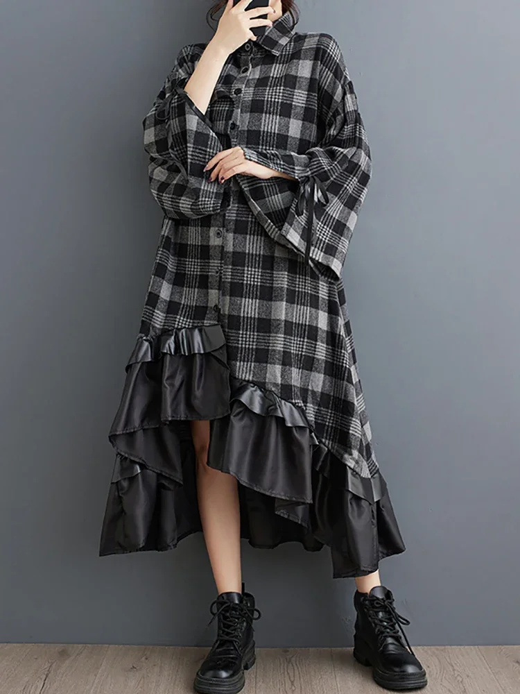 XITAO Plaid Flare Sleeve Asymmetrical Dress Single Breasted Turn-down Collar Patchwork Fashion Shirt Dresses 2024 Autumn LJ1010