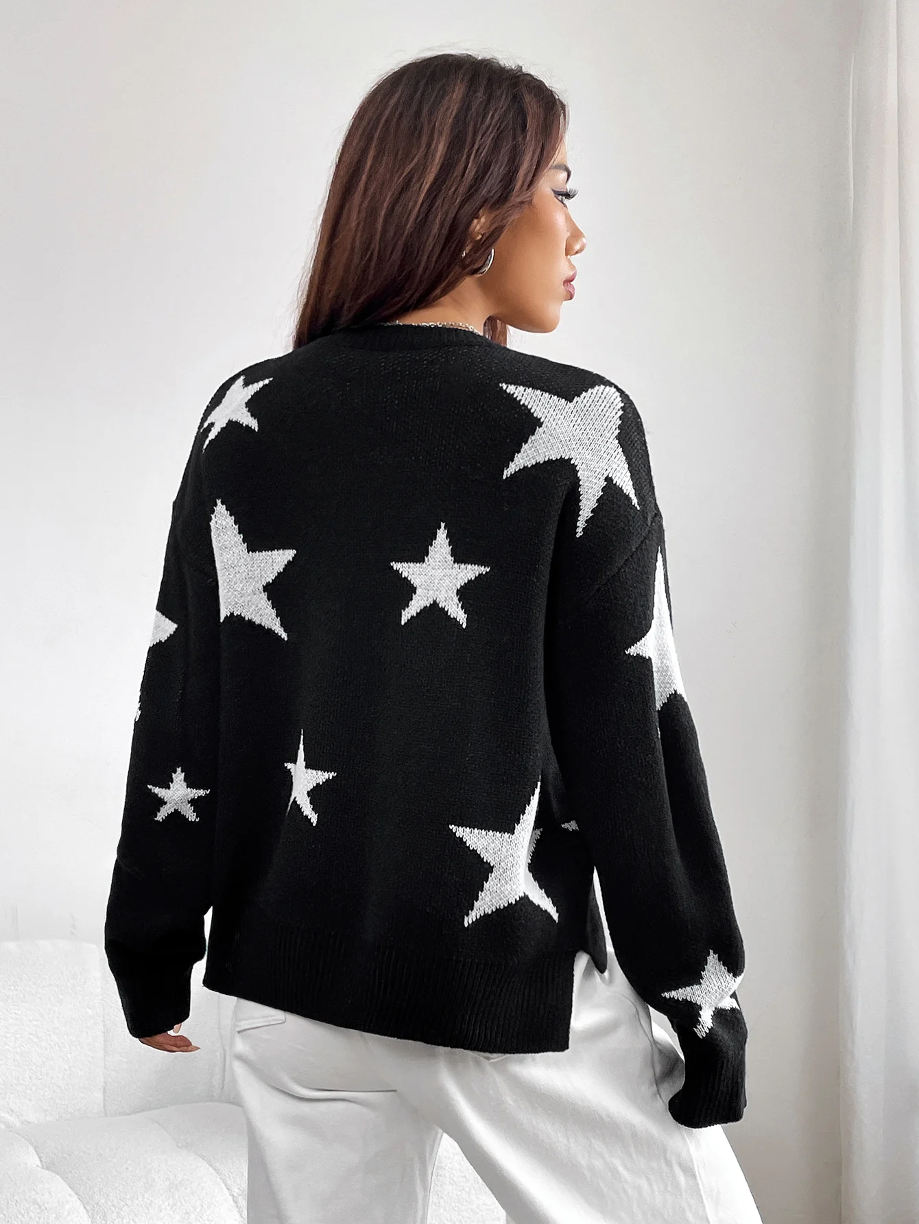 Spring women\'s blouse color contrast stars round neck pullover loose long-sleeved sweater