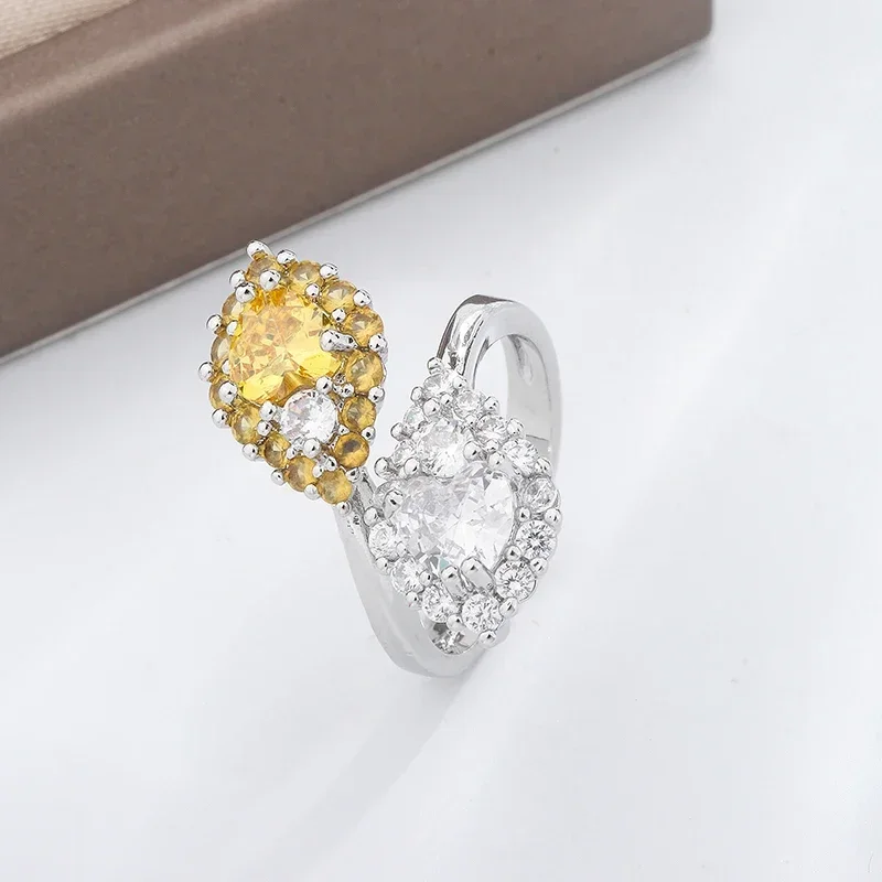 New Yellow Diamond Diamond Ring Women's Fashion 925 Silver Plated Light Luxury Leaf Shape Open Ring Party Banquet Jewelry