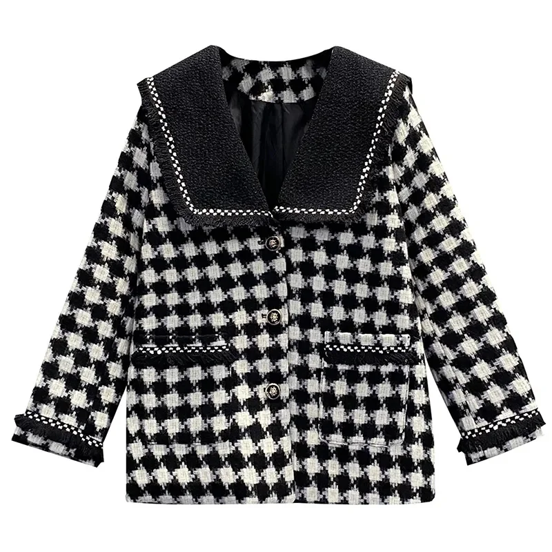 

Spring Autumn Woolen Jacket Women New Loose Houndstooth Doll Collar Coat Single-Breasted Outwear Fashion Pocket Overcoat female