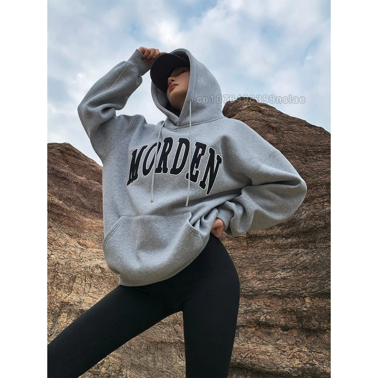 

Autumn Winter Cotton Hoodies Letters Print Fleece Grey Sweatshirts Women Black Pullover Women's Clothing High Quality Clothes