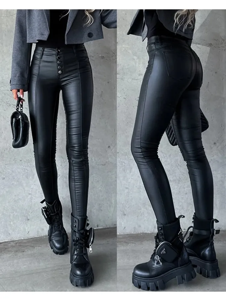 Fashion PU Long Pants Women High Waist Tight Casual Leather Pants Trend Nightclub Style Versatile Women\'s Bottoms Trousers