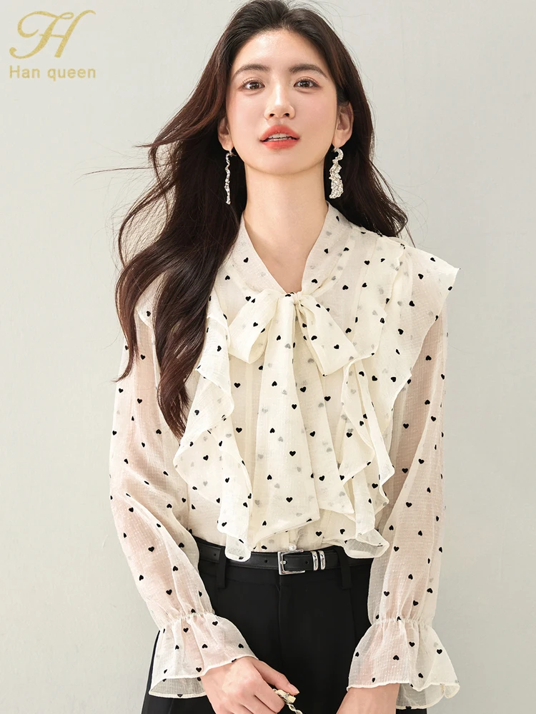 

H Han Queen Autumn Ruffles Lace-Up Bow Dots Loose Casual Women Clothes Shirt And Blouse Elegant Long Sleeve Office Vintage Tops