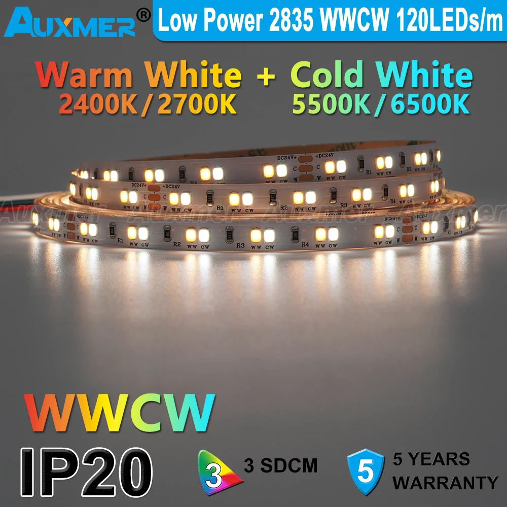 Low Power 2835 WWCW 120LEDs/m LED Strip Lights Color Temperature Adjustable CCT DC12/24V 9.6W/m 600LEDs/Reel 5m Led Tape,Indoor