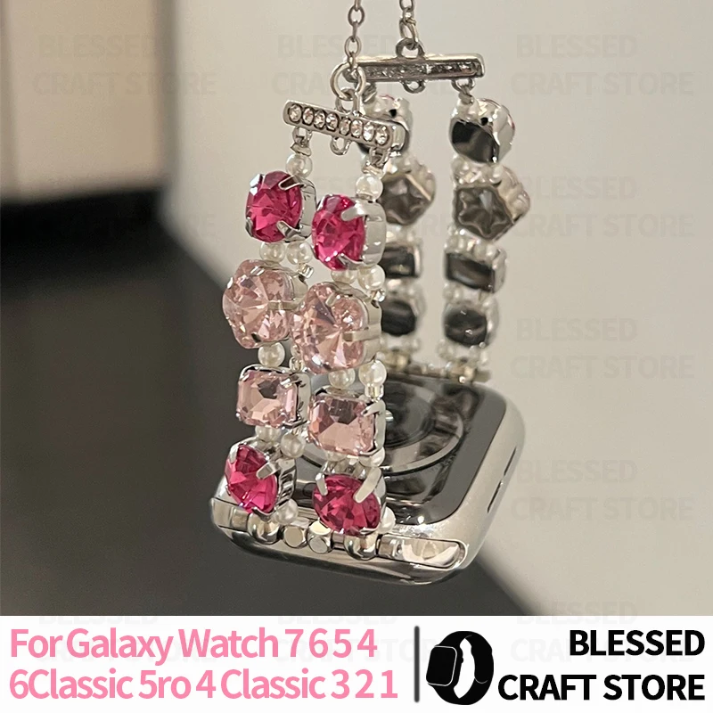 Glam Double Row Crystal Pearl Wristband for Samsung Galaxy Watch7654 Classic FE Rhinestone Bracelet Accessory for Garmin 20 22mm