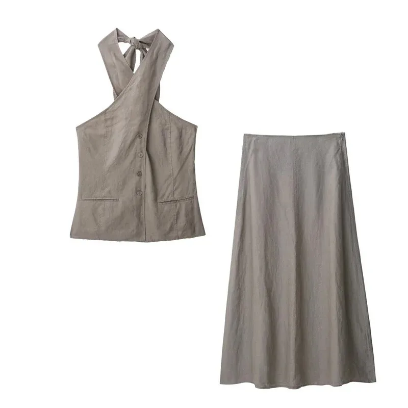Slim Fit Halter Neck Vest Top for Women with Retro Cotton Linen Skirt Set Sleeveless Chic Summer Fashion Top And Skirt Ensemble
