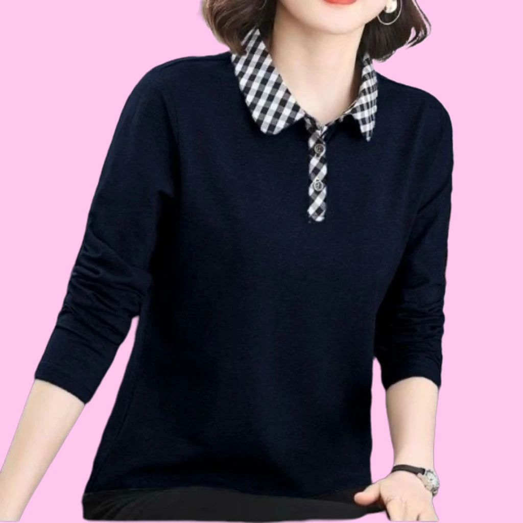 Mom's Long Sleeve Plaid Base Shirt Spring Autumn  Shirt Classic Commute Style Loose Fit Polyester Fabric Henry Collar Design