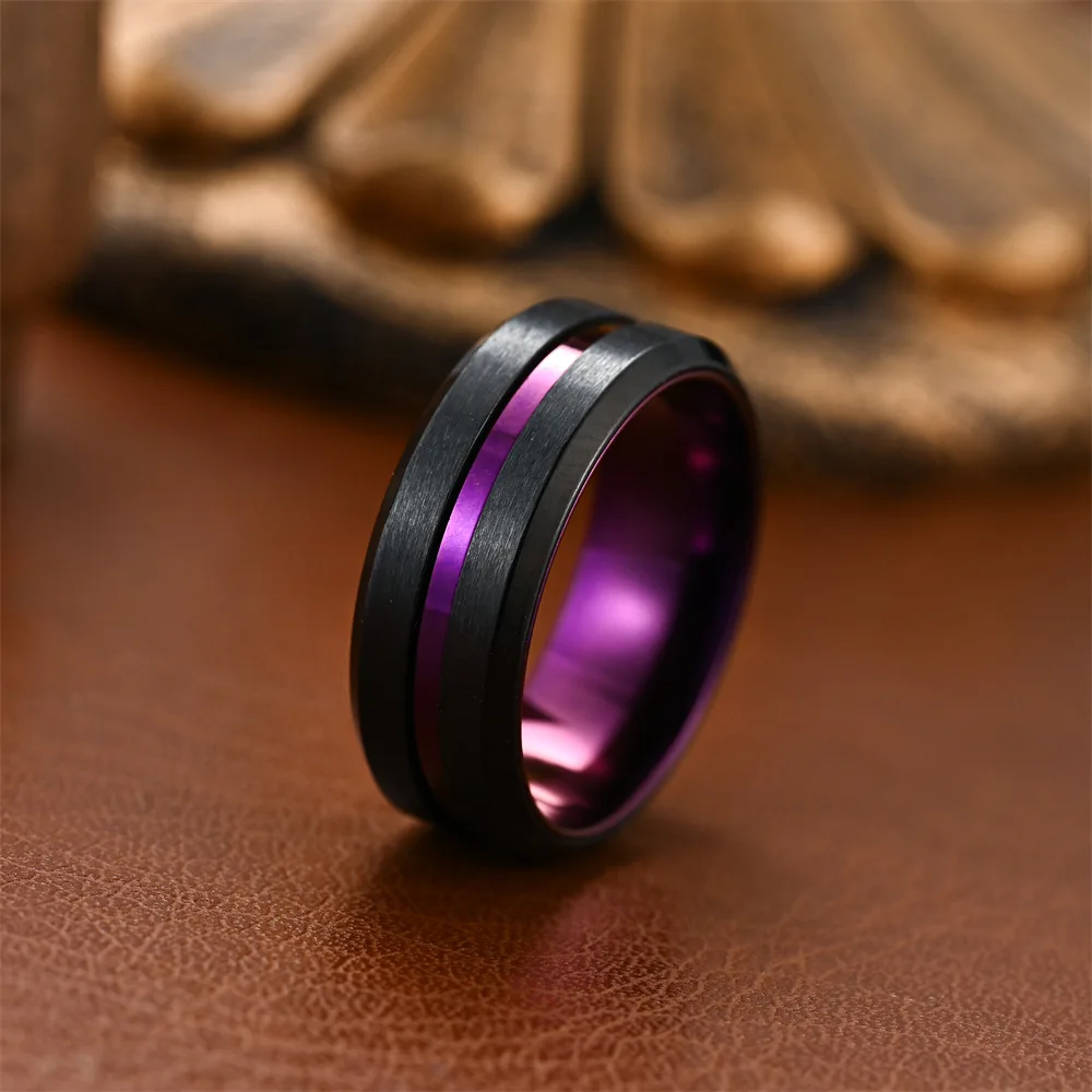 Fashion 8MM Men Gold Color Groove Stainless Steel Rings Black Brushed Engagement Rings for Men Women Wedding Anniversary Jewelry