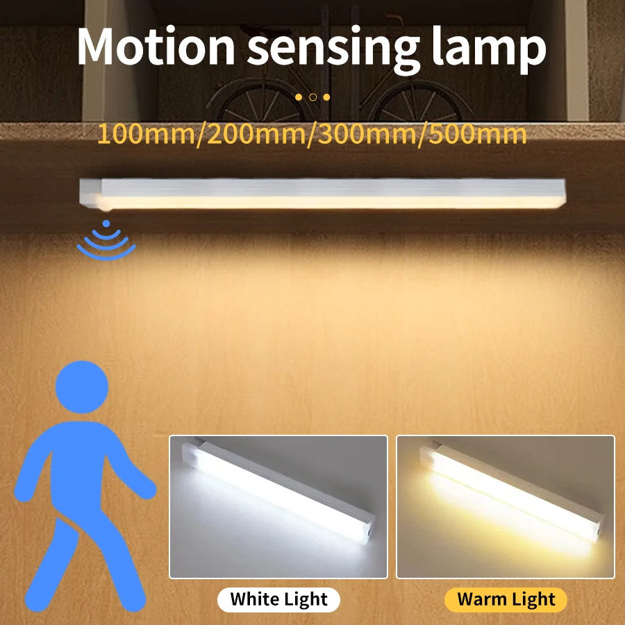 Luz LED nocturna recargable por USB, barra de luces con Sensor de movimiento, lámpara de inducción humana para armario, cocina, armario, escalera