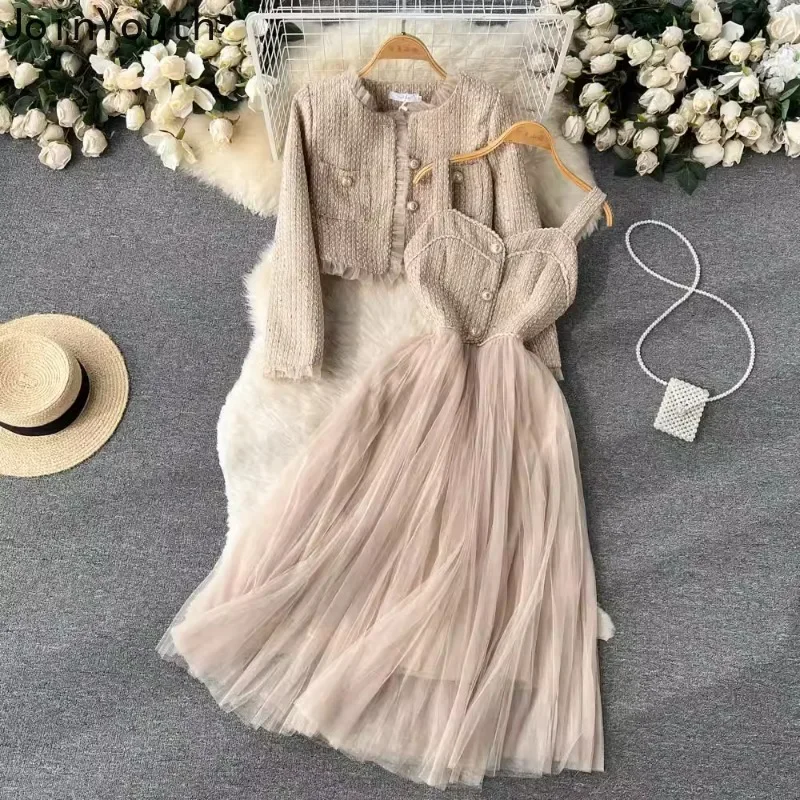 Dresses Sets Korean Two Piece Suit Women Clothing Patchwork Gauze Crop Coats Gauze Tunic Sling Maxi Dress Outfits Sweet Chic Set