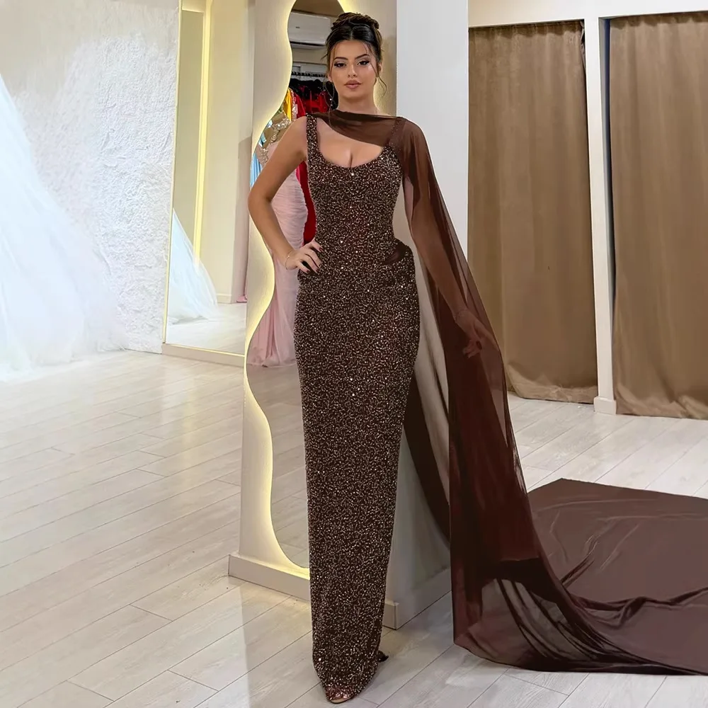 

Роскошное коричневое вечернее платье с пайетками, сексуальное макси-платье с сетчатыми вырезами на талии и шифоновой накидкой, элегантное платье для гостей на свадьбу или торжественную вечеринку