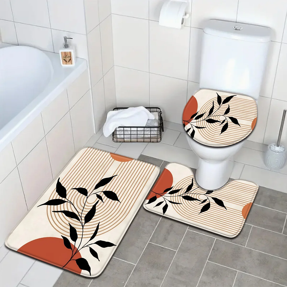 

Simple Bathroom Mat 3pcs Simple Series Yellow Semi-Circular Leaf Line Pattern Bathroom Mat Set | Toilet Seat Cover U-shaped