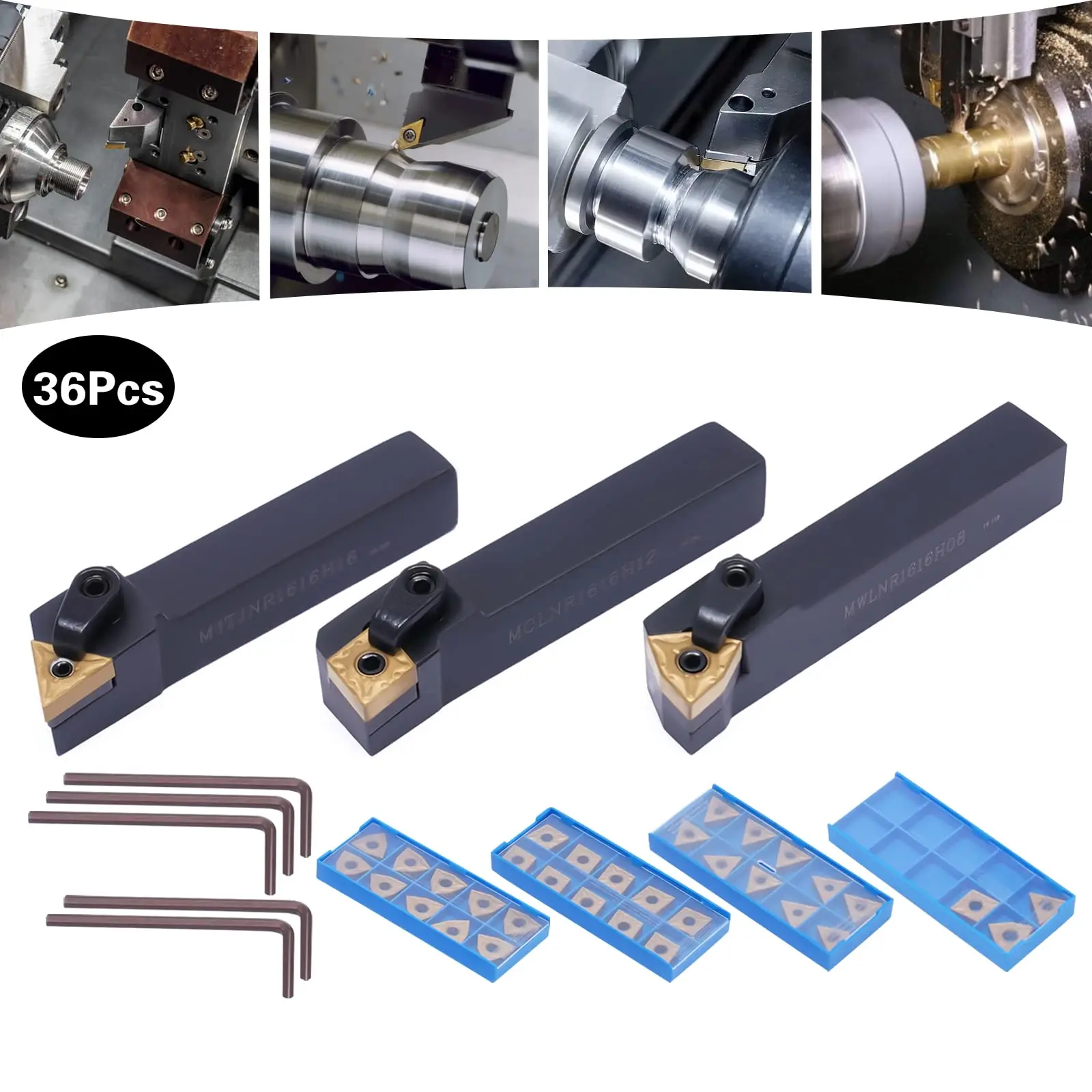 3 soportes de inserción para herramientas de torneado + juego de torno de carburo Indexable de 33 piezas, KPfaster MTJNR1616H16 + MWLNR16H08 + MCLNR1616H12 con C