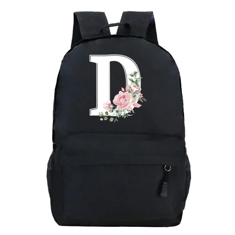 College Student Ladies Pink Floral Alphabet White Print Backpack Women Flower Harajuku SchoolBags Female Rose Letter Shoulder Bag