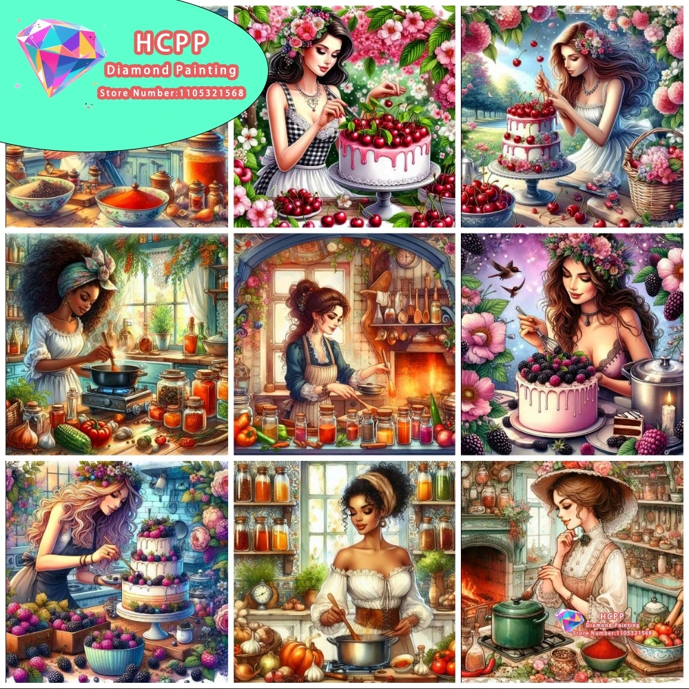 Frau mit Kuchen Diamant-Malerei-Set Quadratische Runde Diamanten 5D DIY Cartoon-Frucht-Mosaik Handgemachte Kunst Einzigartiges Exquisites Geschenk Heimdekoration
